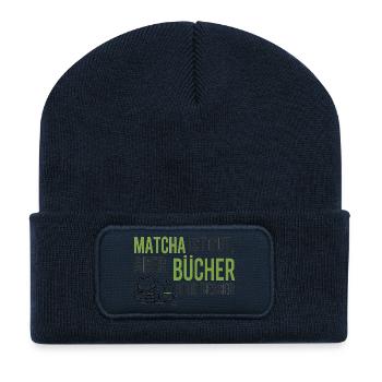 Cozy Bücher & Matcha Katze T-Shirt Geschenk - Recycelte Patch Beanie - French Navy - Vorne