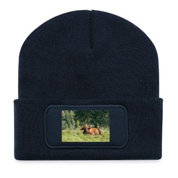 Alpen-Idylle: Kuh auf bayerischer Alm - Recycelte Patch Beanie - French Navy - Vorne