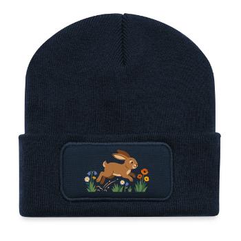 Hase im Frühlingsfeld - Recycelte Patch Beanie - French Navy - Vorne