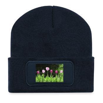 Tulpen im Frühling - Recycelte Patch Beanie - French Navy - Vorne