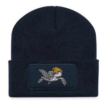 Schildkröte in Strickmütze - Recycelte Patch Beanie - French Navy - Vorne