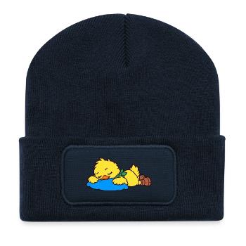 Niedliche schlafende Ente auf einem blauen Kissen - Recycelte Patch Beanie - French Navy - Vorne