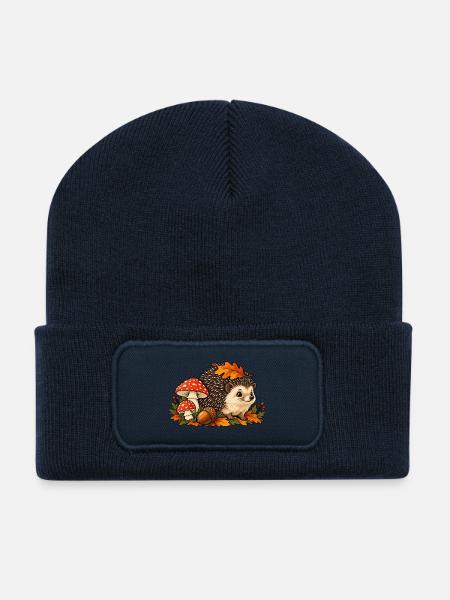 Herbstiger Igel mit Pilzen und Blättern - Recycelte Patch Beanie - French Navy