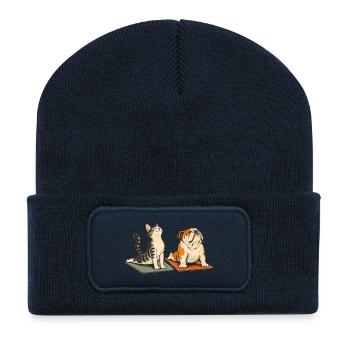 Bulldogge und Katze beim Yoga – Tierisches Duo - Recycelte Patch Beanie - French Navy - Vorne