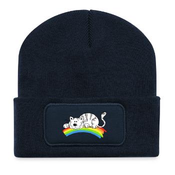 Pures Glück - Niedliche Katze auf dem Regenbogen - Recycelte Patch Beanie - French Navy - Vorne