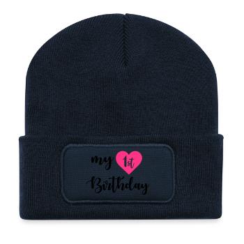 1st birthday - Beanie recyclé à patch - bleu marine - Devant