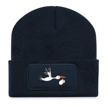Lustiger Storch bringt Baby - Comic - Geburt - Recycelte Patch Beanie - French Navy - Vorne