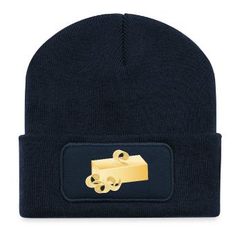 cremefarbene zart schimmernde Butter mit Röllchen - Recycelte Patch Beanie - French Navy - Vorne