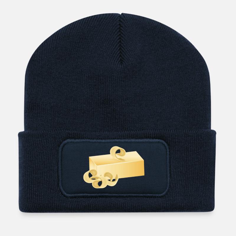 cremefarbene zart schimmernde Butter mit Röllchen - Recycelte Patch Beanie - French Navy