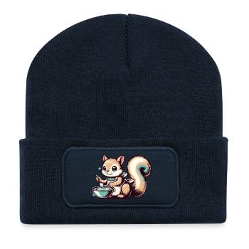 Niedliches Cartoon-Eichhörnchen beim Kuchen backen - Recycelte Patch Beanie - French Navy - Vorne