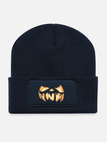 Pumpkin Face Halloween Scribble - Recycled Patch Beanie - french navy