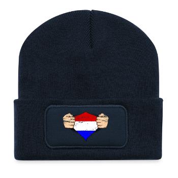Design du drapeau de la Hollande utilisé - Beanie recyclé à patch - bleu marine - Devant
