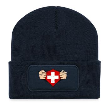 Drapeau suisse utilisé - Beanie recyclé à patch - bleu marine - Devant