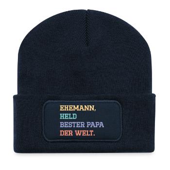 EHEMANN, HELD, BESTER VATER DER WELT. - Recycelte Patch Beanie - French Navy - Vorne