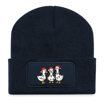 Trois canards festifs en chapeau de Père Noël - Beanie recyclé à patch - bleu marine - Devant