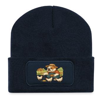 Farmer Bulldog Feeding Chickens Cute Farm Scene - Recycled Patch Beanie - french navy - Front