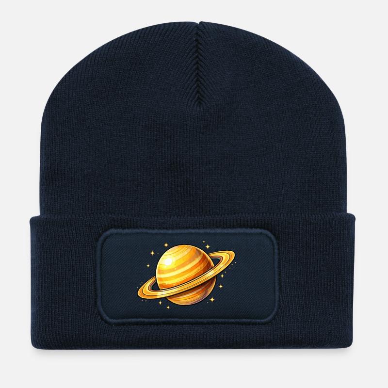 Saturne avec des anneaux lumineux - Beanie recyclé à patch - bleu marine