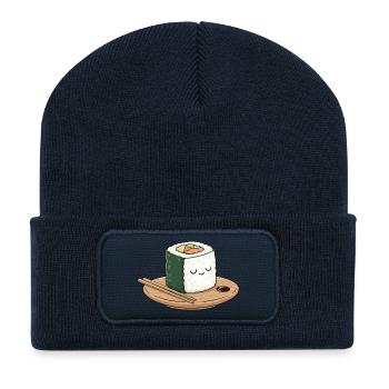 Kawaii sushi on wooden plate with chopsticks - Recycled Patch Beanie - french navy - Front