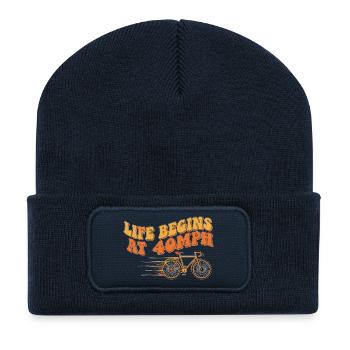 Retro Life Begins At 40MPH Bicycle Art - Recycled Patch Beanie - french navy - Front