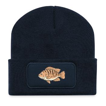 Orangefarbener stilisierter Tigerstreifenfisch - Recycelte Patch Beanie - French Navy - Vorne