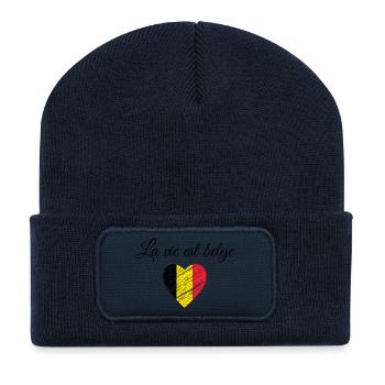 Cœur Tricolore Brossé Jaune Rouge Belgique  - Beanie recyclé à patch - bleu marine - Devant