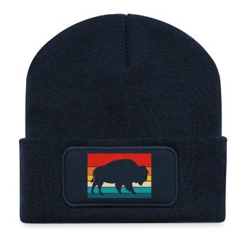 Bear Silhouette on Retro Rainbow Stripes - Recycled Patch Beanie - french navy - Front