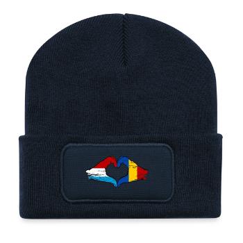 Luxembourg Roumanie Drapeau Mains Coeur Forme Utilisé - Beanie recyclé à patch - bleu marine - Devant