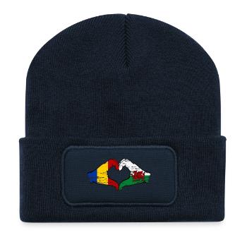 Roumanie Pays de Galles drapeau mains forme de coeur utilisé - Beanie recyclé à patch - bleu marine - Devant