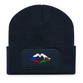 Russie Drapeau Pays de Galles mains forme de coeur utilisé - Beanie recyclé à patch - bleu marine - Devant