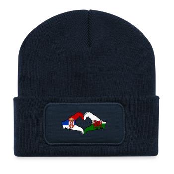 Serbie Pays de Galles Drapeau Mains Coeur Forme - Beanie recyclé à patch - bleu marine - Devant