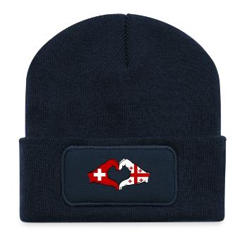 Suisse Géorgie Drapeau Mains Coeur Forme - Beanie recyclé à patch - bleu marine - Devant