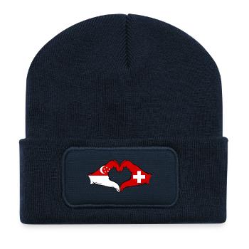 Singapur Schweiz Flagge Hände Herzform - Recycelte Patch Beanie - French Navy - Vorne