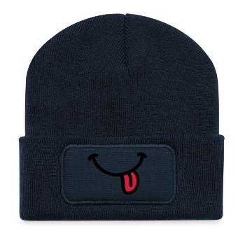 Smiley Grinsen Zunge - Recycelte Patch Beanie - French Navy - Vorne