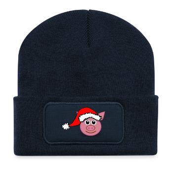 pig_face_pink_with_santa_hat_cartoon - Recycled Patch Beanie - french navy - Front