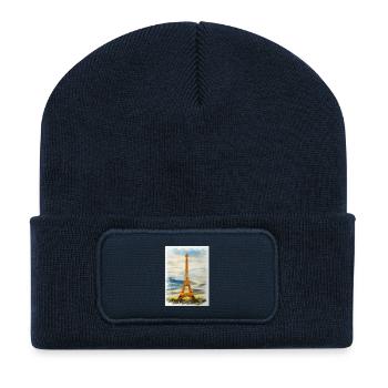 Watercolour Eiffel Tower Skyline Art - Recycled Patch Beanie - french navy - Front