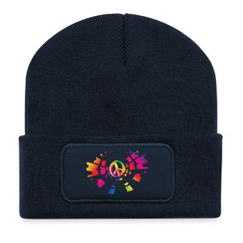 buntes Peace Zeichen für die Festival Saison - Recycelte Patch Beanie - French Navy - Vorne