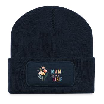 Mami ist die Beste! Blumen, bunt, personalisierbar - Recycelte Patch Beanie - French Navy - Vorne