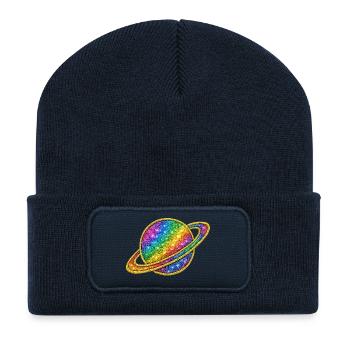 Glitzerndes Regenbogen-Galaxie-Design - Recycelte Patch Beanie - French Navy - Vorne