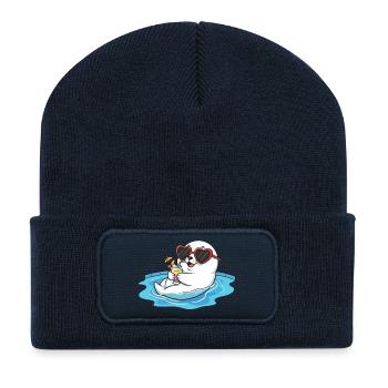 Entspannter Seehund mit Herzbrille im Pool - Recycelte Patch Beanie - French Navy - Vorne