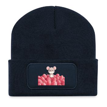 Süße Maus im Himbeerfeld Kinderdesign - Recycelte Patch Beanie - French Navy - Vorne