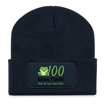 Design pour les 100 anniversaires – Ne paniquez pas ! Grenouille drôle - Beanie recyclé à patch - bleu marine - Devant