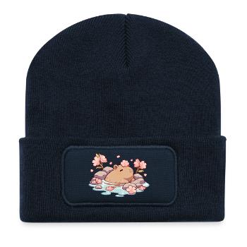 Cute Capybara Onsen – Cherry Blossom Kawaii Design - Recycled Patch Beanie - french navy - Front