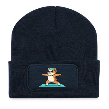 Yoga-Bulldoggen-Hund führt Krieger-Pose aus - Recycelte Patch Beanie - French Navy - Vorne