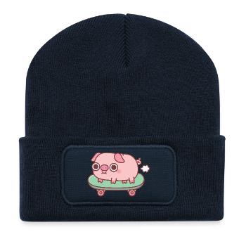 Cute Farting Pig On Skateboard Funny - Recycled Patch Beanie - french navy - Front