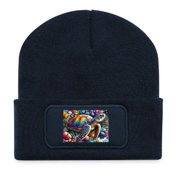 Tortue tropicale arcenciel sur fleurs - Beanie recyclé à patch - bleu marine - Devant
