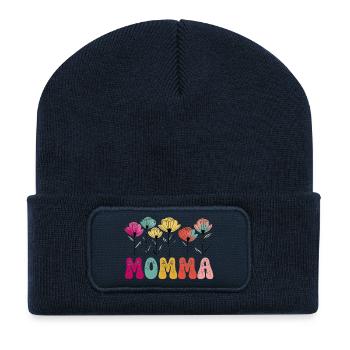 Vibrant Floral MOMMA Typography for Mother's Day - Recycled Patch Beanie - french navy - Front