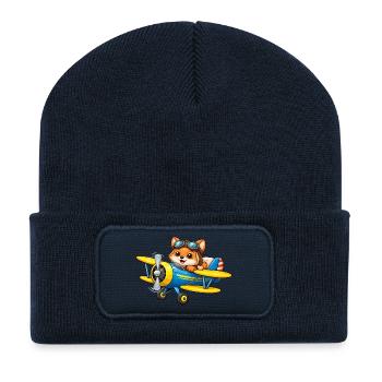 Fox Pilot Biplane Airplane Cartoon - Recycled Patch Beanie - french navy - Front