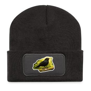 Amsel auf moosbedecktem Ast - Naturfoto-Look - Recycelte Patch Beanie - Dunkelgrau - Vorne