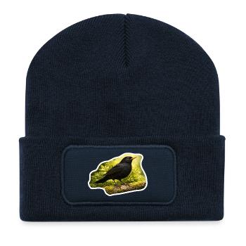 Blackbird on moss-covered branch - nature photo look - Recycled Patch Beanie - french navy - Front