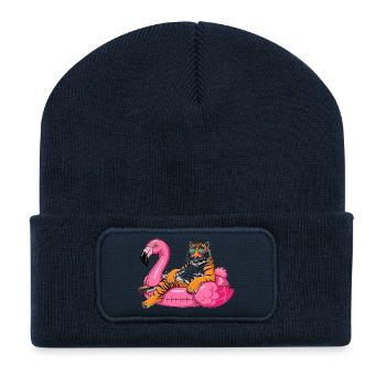 Tigre Cool sur Bouée Flamant Rose - Design Été Rig - Beanie recyclé à patch - bleu marine - Devant